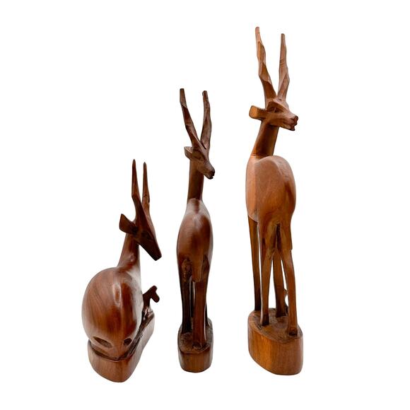 Hand Carved Kenyan Teak Antelope Gazelle Deer Mid Century Wooden Figurines (3) - Picture 4 of 13